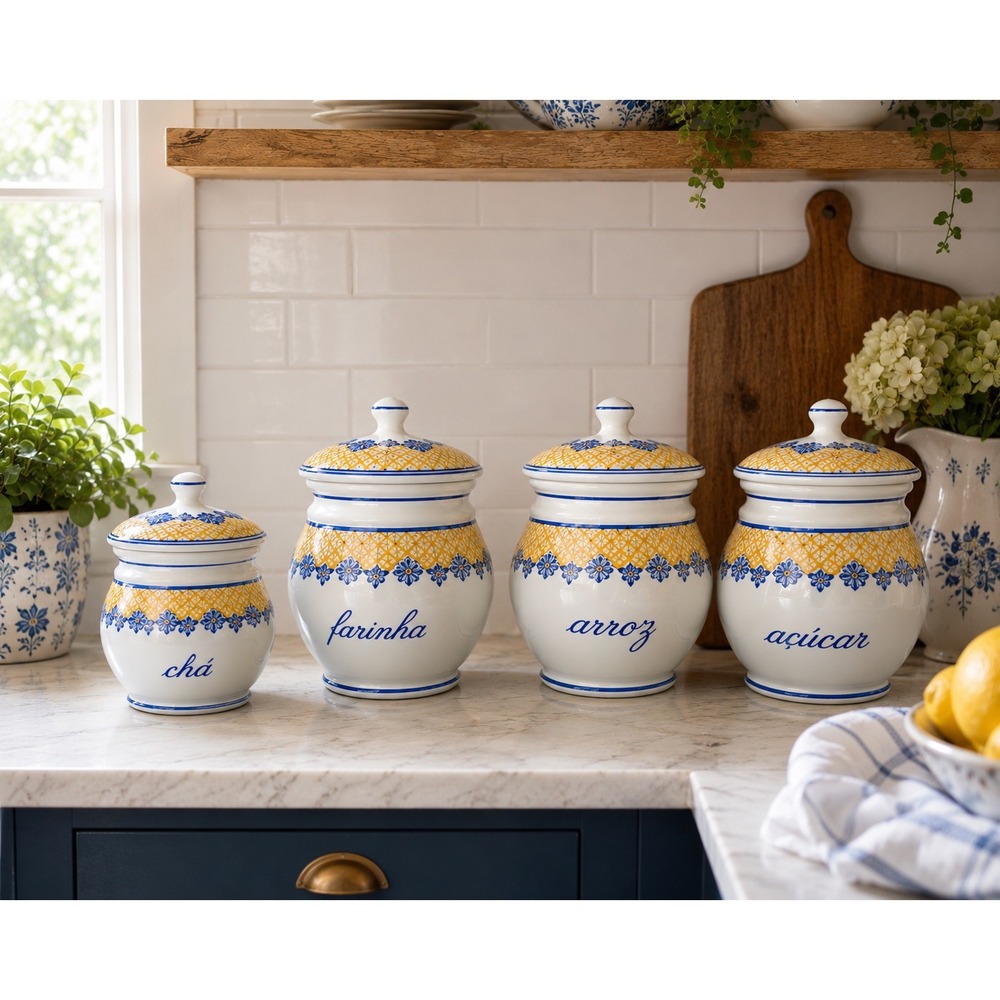 Jobelporce Portugal Ceramic Canister Set 4pc Blue Yellow Floral Tea Flour Rice
